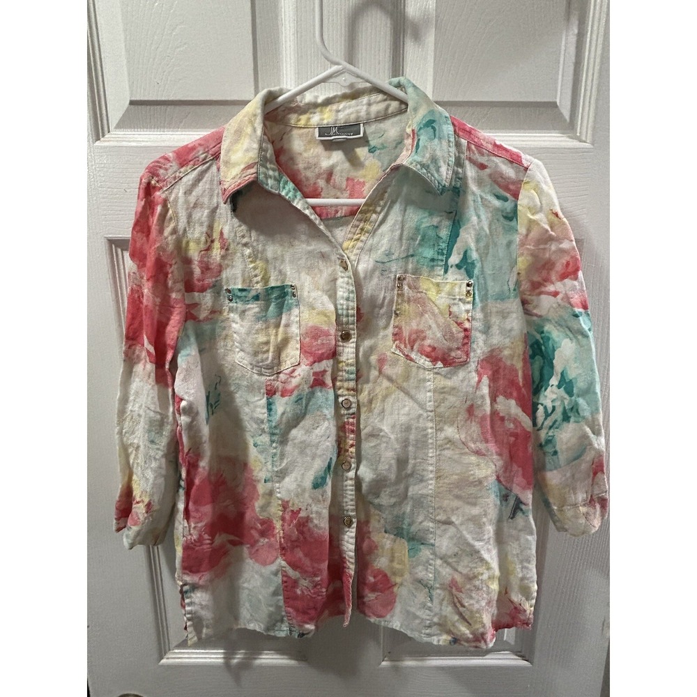 100% Linen Floral Button Down Shirt JM‎ Collection Coastal Cottagecore Boho 10P